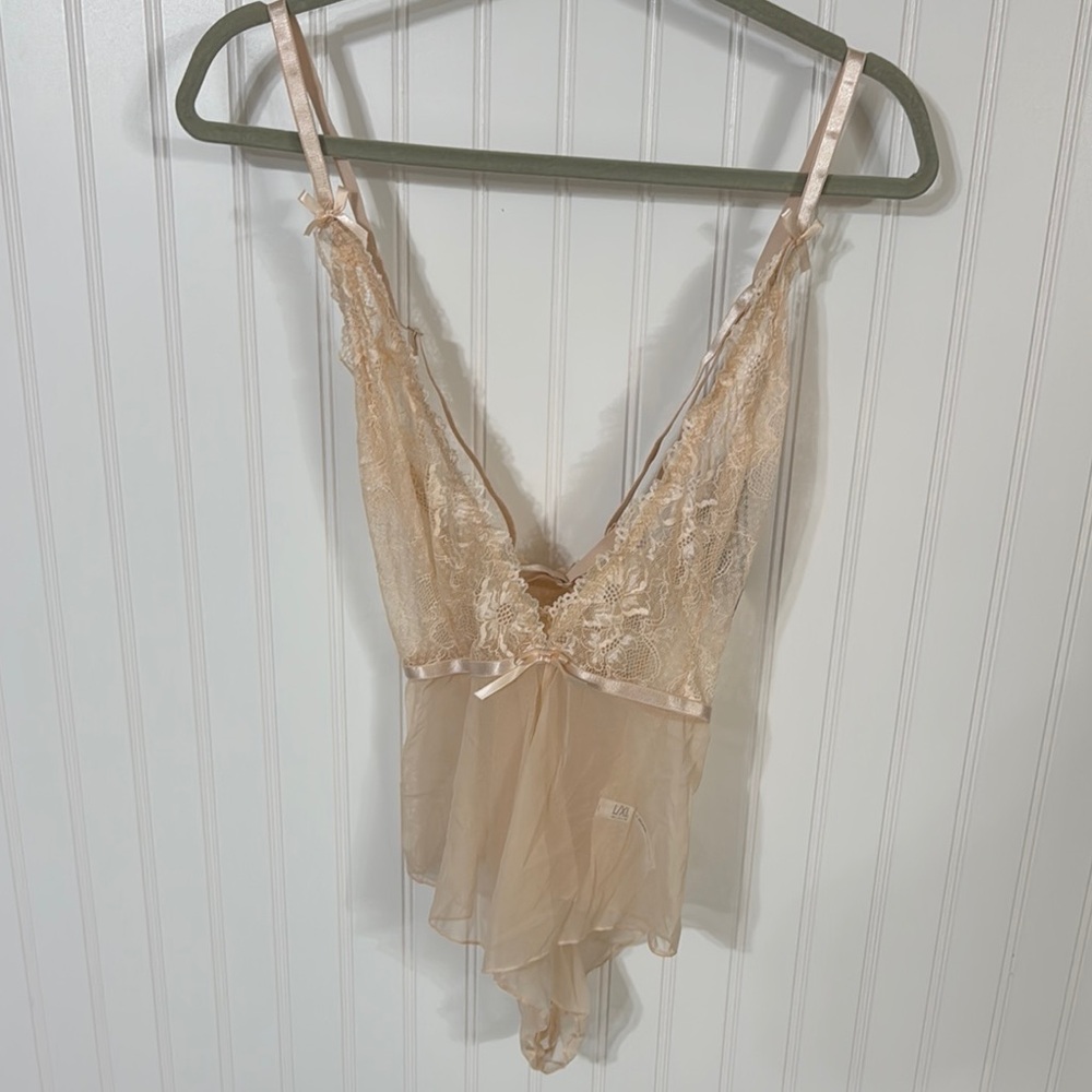 Fashion Nova Cream Lace Chemise with Plunging V-Neckline